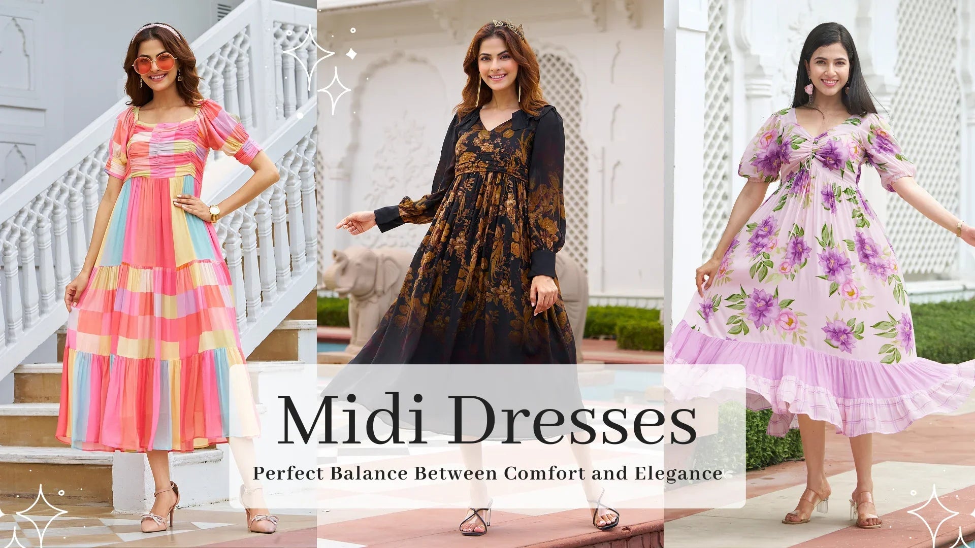 Women wearing colorful striped, black floral, and pastel pink floral midi dresses for women - Anrobee collection highlighting comfort and elegance
