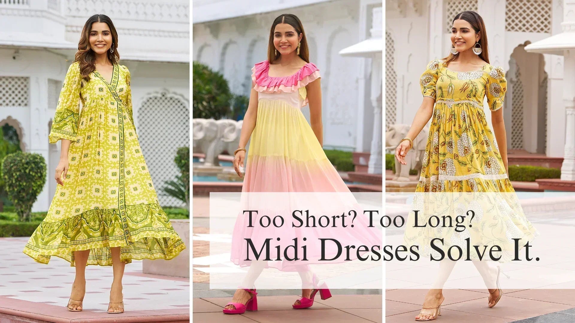 Women wearing colorful midi dresses in yellow, pink, and floral prints - why midi dresses solve the too short too long dilemma?