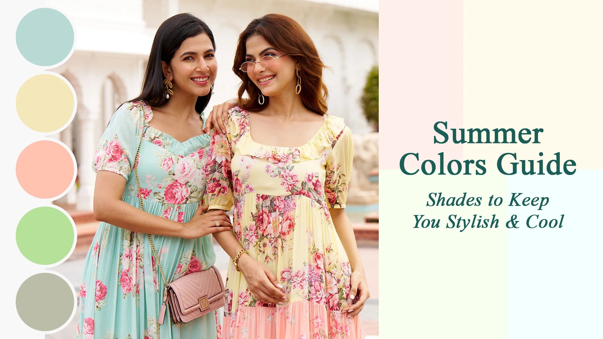 Two women wearing pastel floral midi dresses from Anrobee with a summer colors guide palette - stylish shades to keep cool and elegant