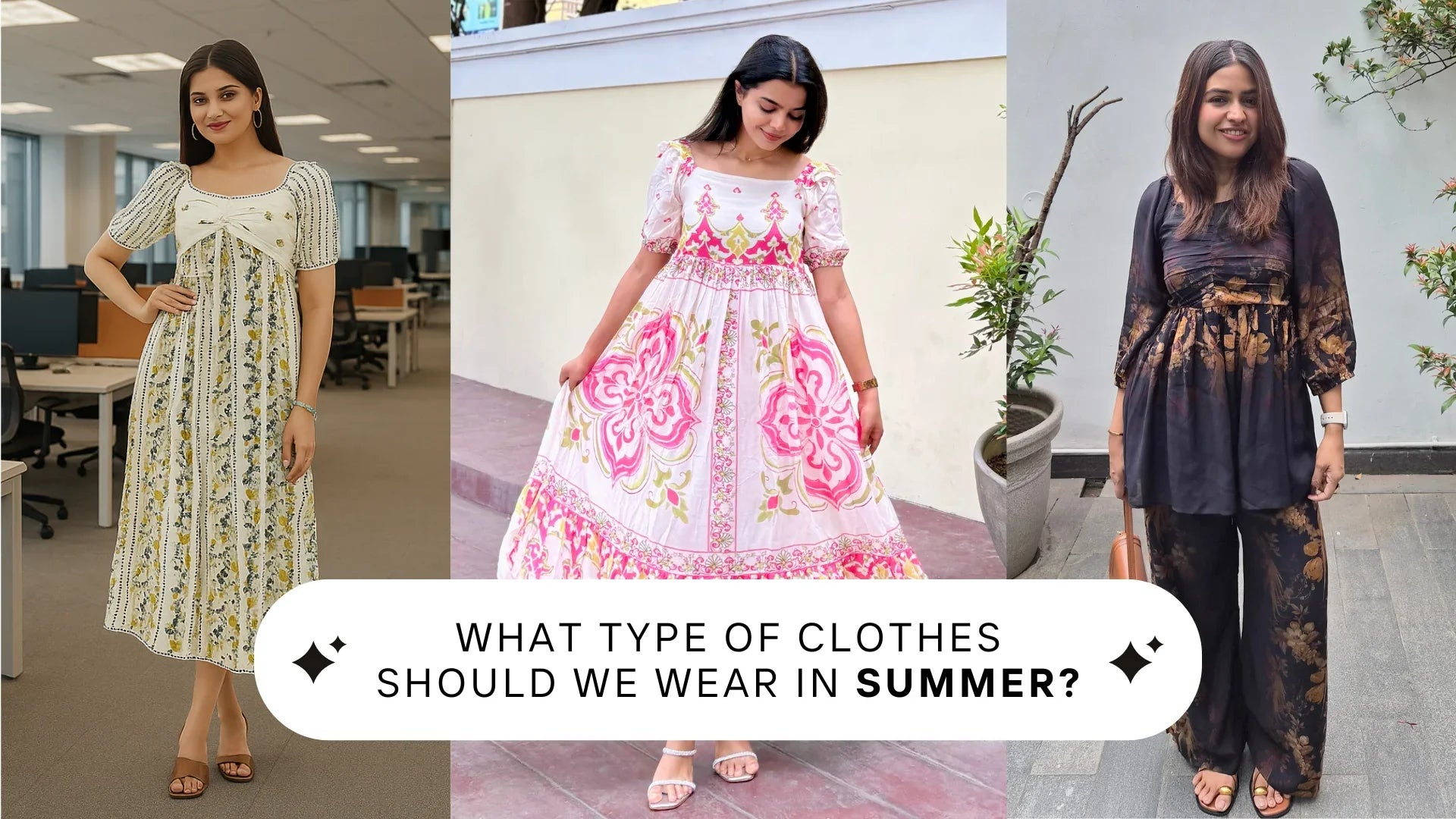 Women wearing summer print dresses made from breathable fabrics like cotton and viscose - highlighting the best fabric for summer to stay cool, stylish, and comfortable.