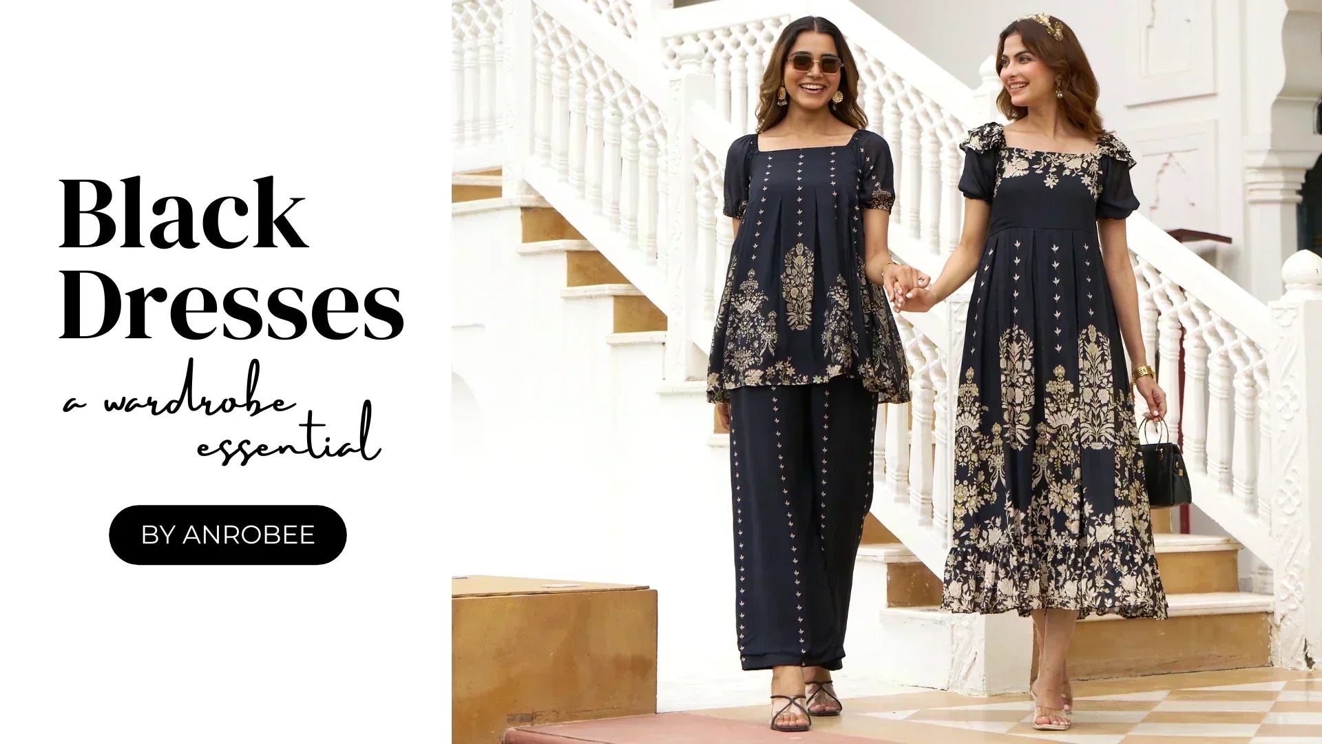 Woman in a black midi dress with golden motifs - a festive chic outfit from Anrobee, perfect for Diwali dinners and modern celebrations.
