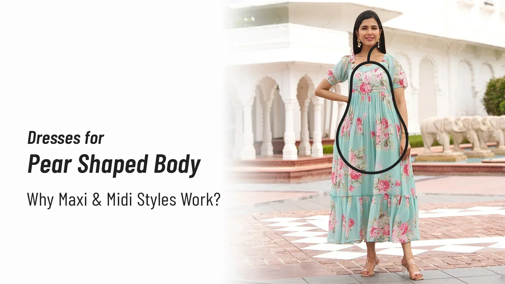 Woman wearing a floral maxi dresses for pear shaped body - showcasing why maxi and midi dresses are the best choice for balance and elegance.