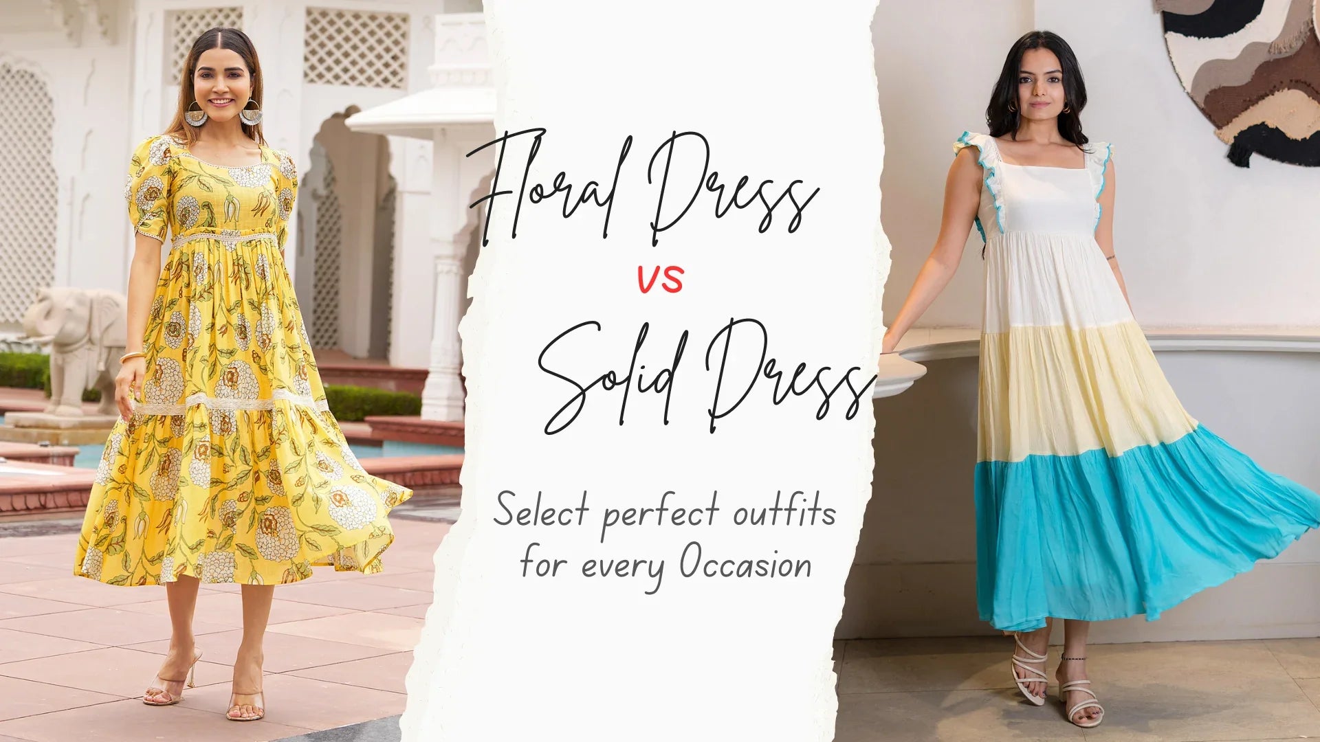 A yellow floral dress and a color-block solid dress side by side, highlighting the contrast in style and versatility for women’s fashion.