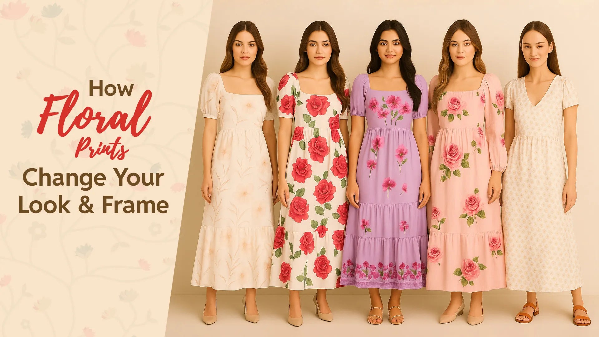 Five women in different floral print maxi dresses - small, sparse, border, bold, and soft motifs - showing how floral patterns change the look and frame.