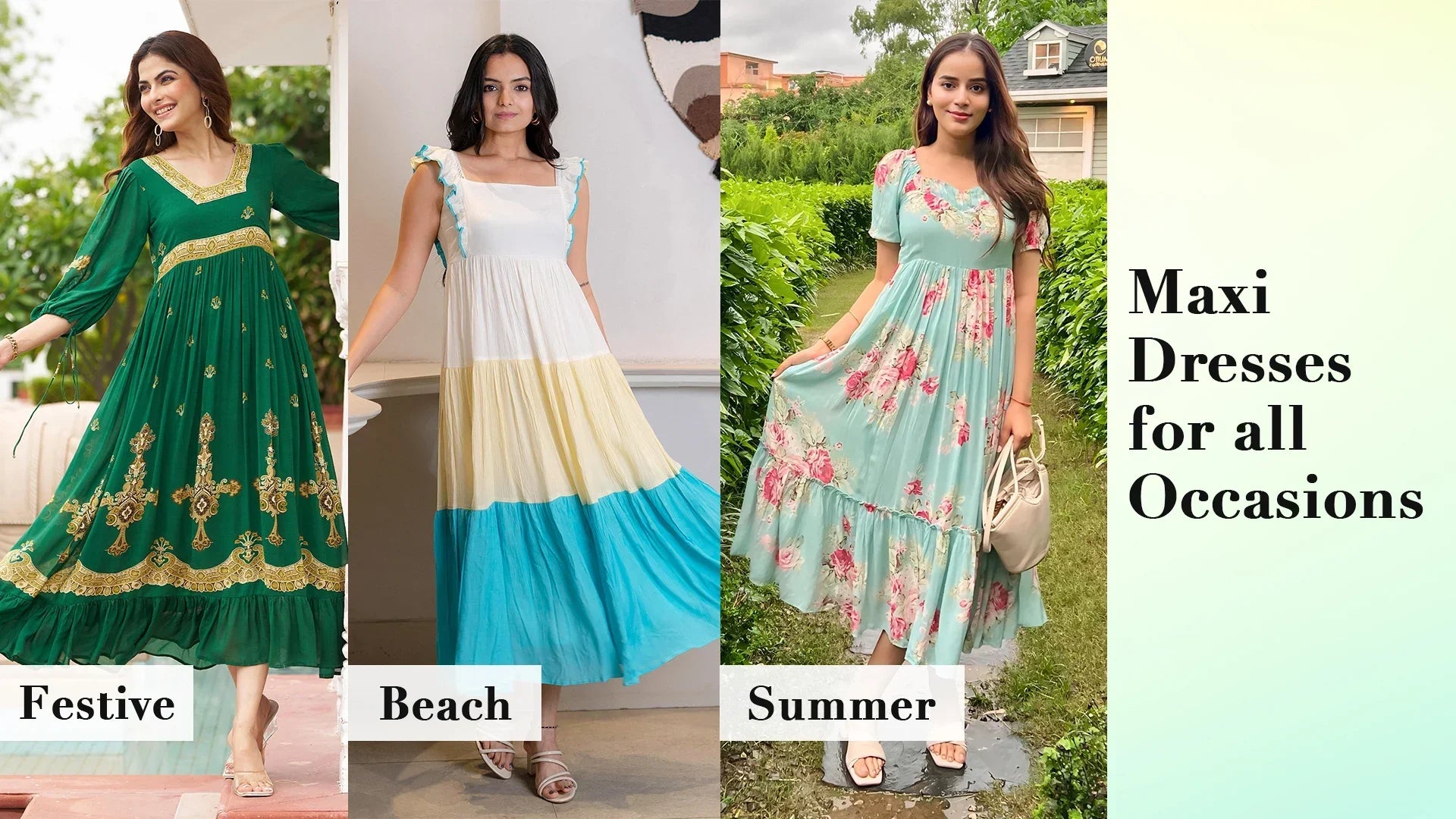 Festive, beach, and summer maxi dresses for women showcased together, highlighting how versatile maxi dresses fit every occasion - from celebrations to vacations