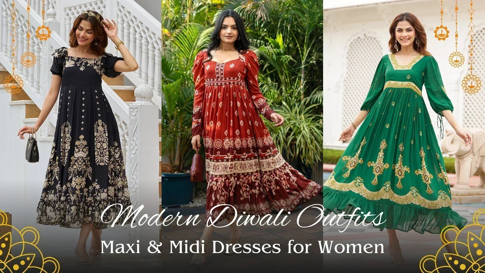 Women in modern Diwali outfit collection – festive black, maroon, and green ethnic print maxi and midi dresses
