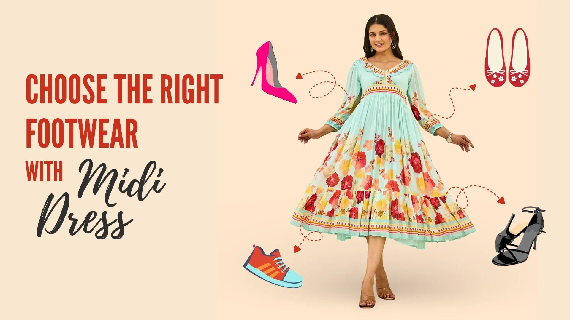 Woman in a floral midi dress styled with different footwear options like heels, sneakers, sandals, and flats, showing how to pair the right shoes with midi dresses.
