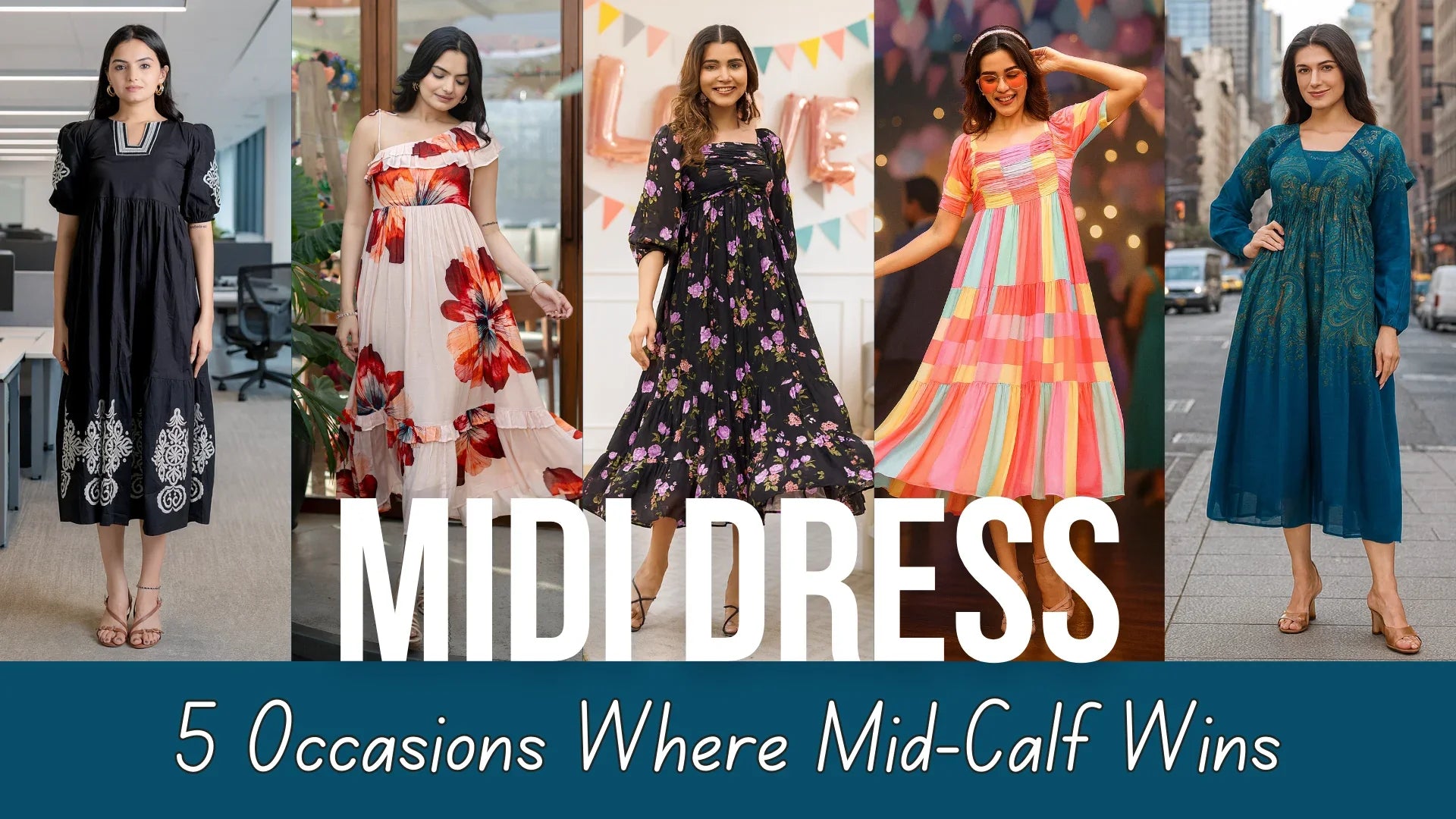Five women showcasing stylish midi dresses for different occasions - from office celebrations and brunches to family gatherings, semi-formal evenings, and travel-ready looks.