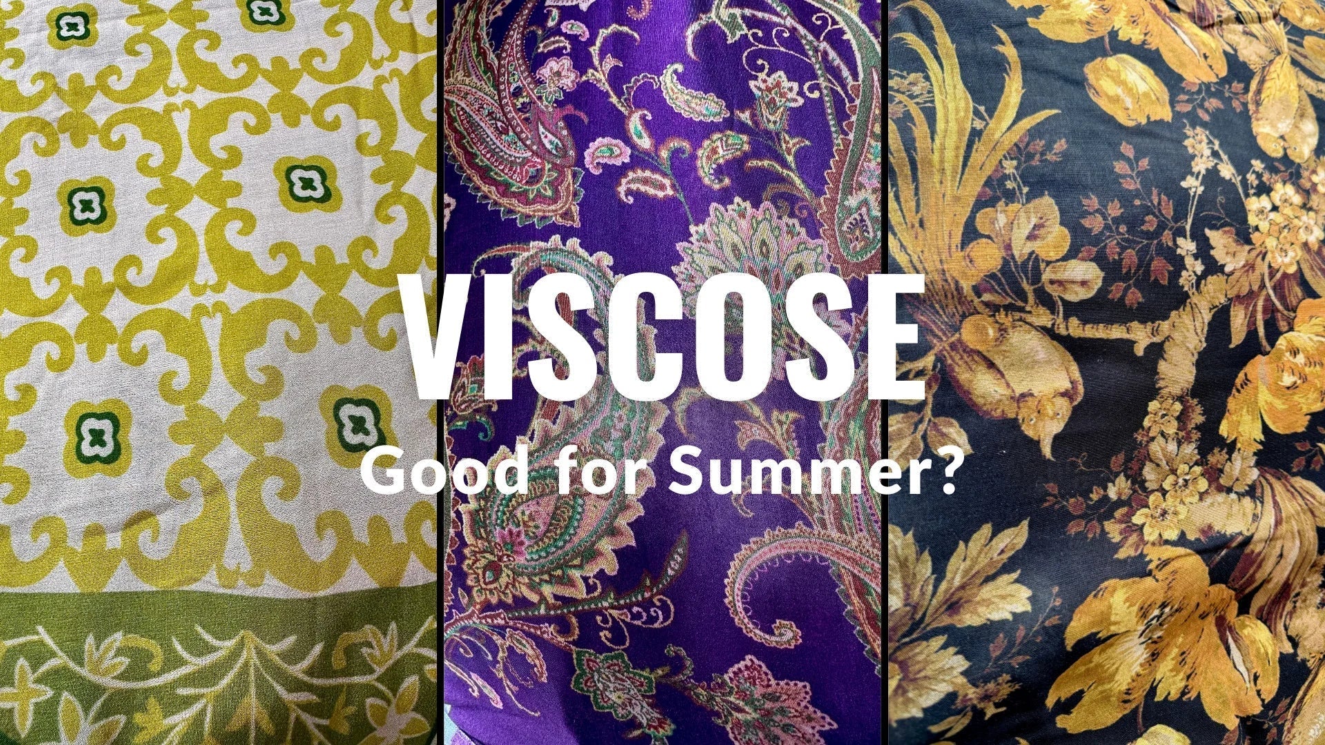Printed viscose fabric in yellow, purple paisley, and floral black designs – stylish summer wear material.
