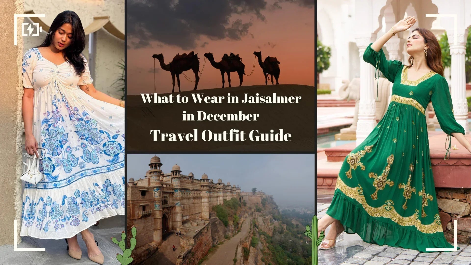 women wearing floral white-blue long dress and emerald green maxi dress with golden detailing, perfect for desert sightseeing and cultural nights