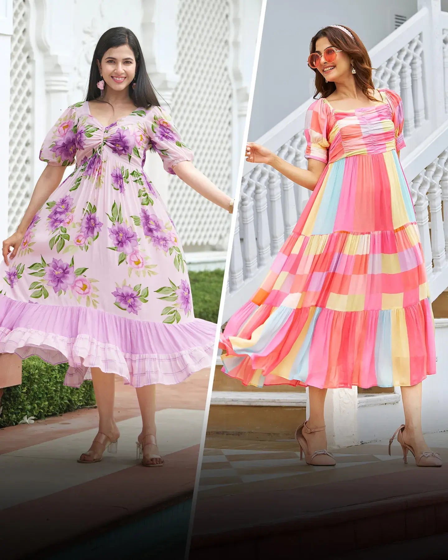 Two models wearing vibrant midi dresses for women – lavender floral midi dress and colorful checkered midi dress, ideal for summer parties, brunch, and casual outings.