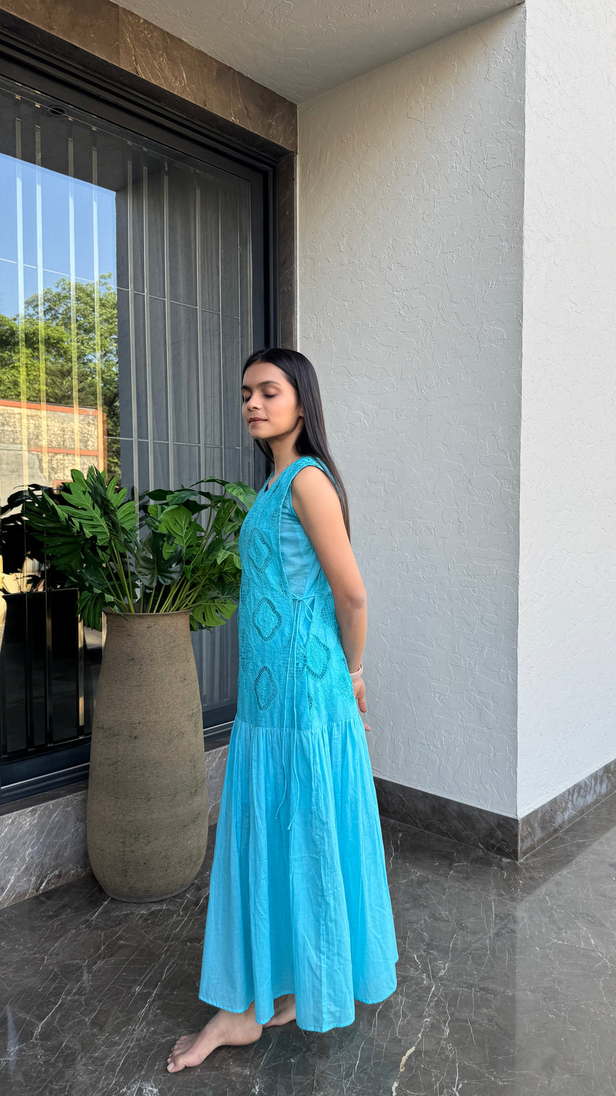 Aqua Crochet Drop Waist Dress
