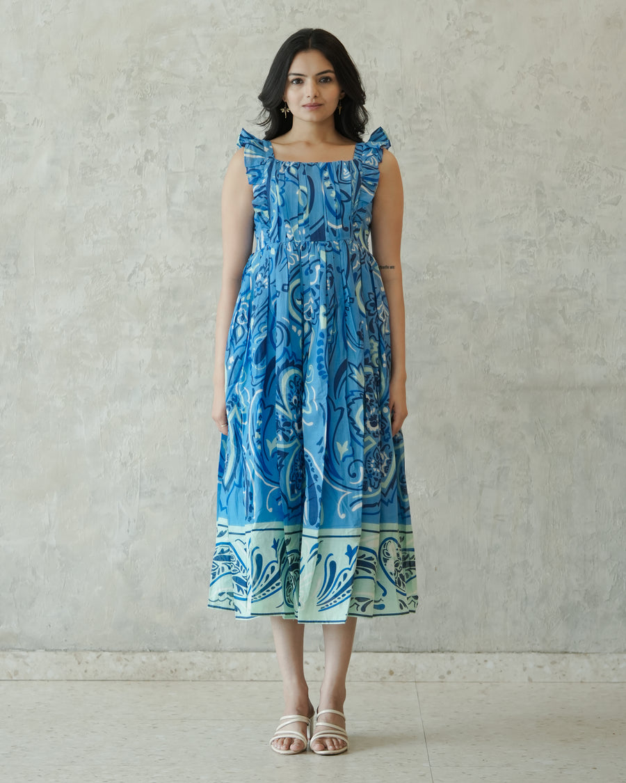 Blue Paisley Print Cotton Maxi Dress for Women