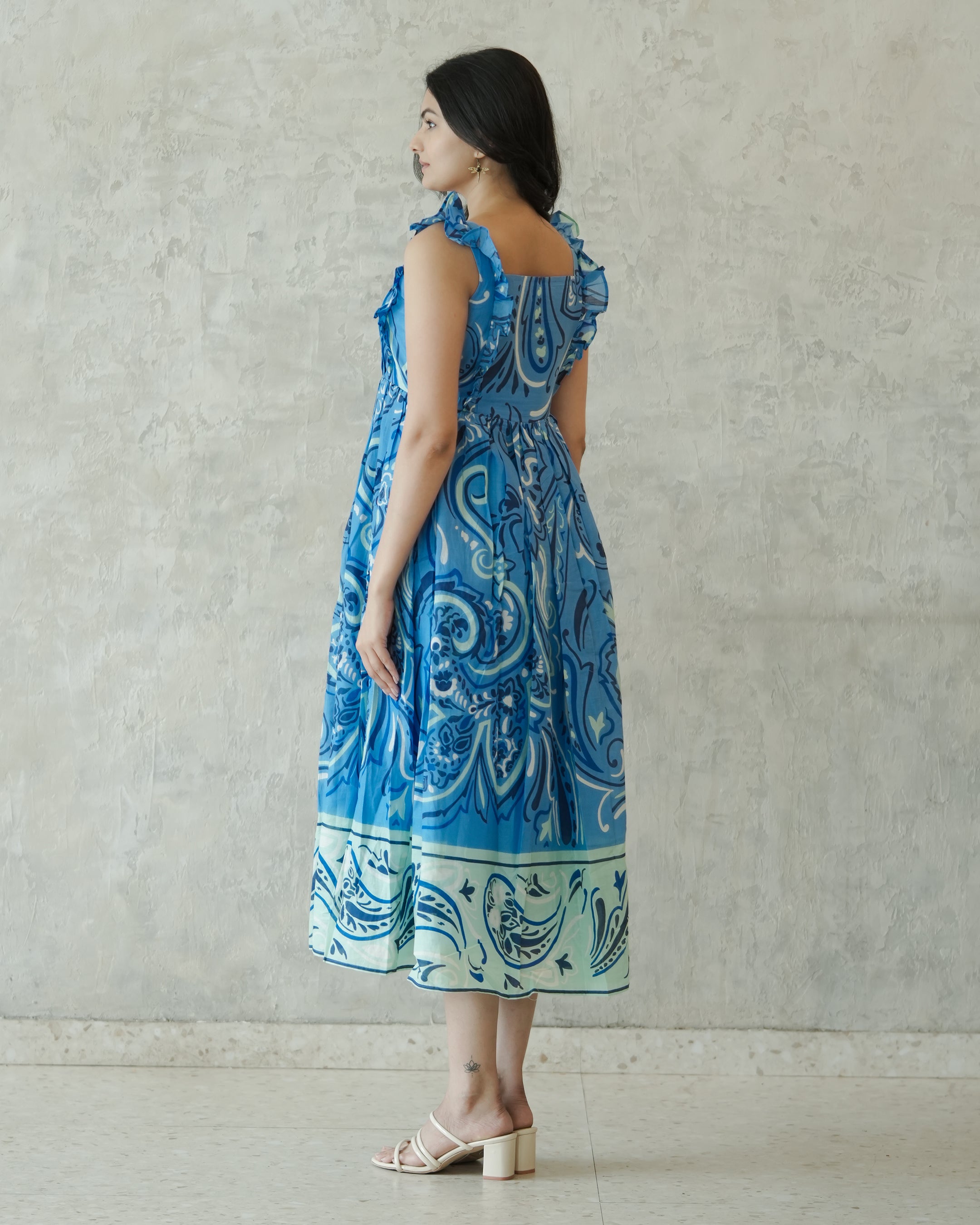 Blue Paisley Print Cotton Maxi Dress for Women