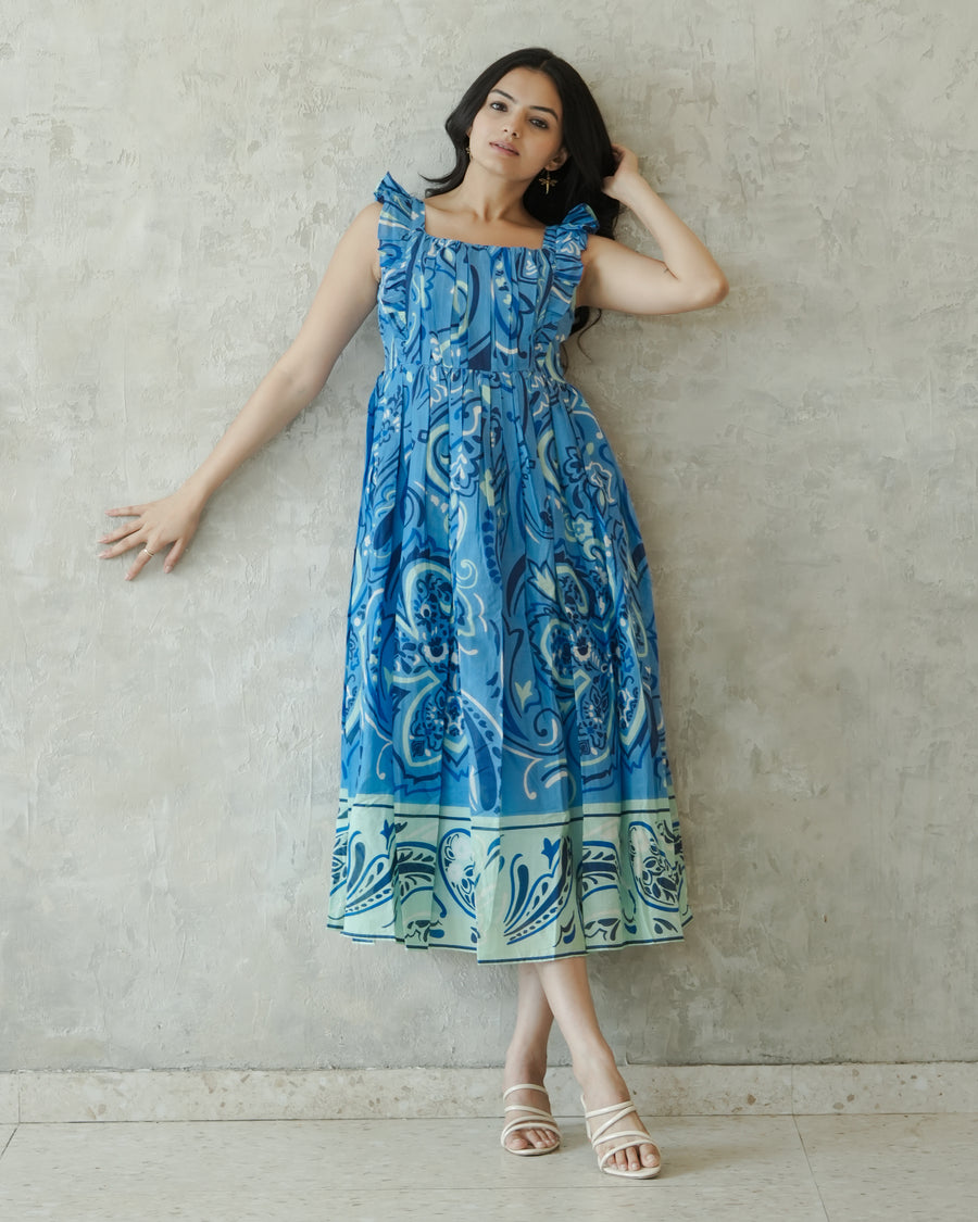 Blue Paisley Print Cotton Maxi Dress for Women