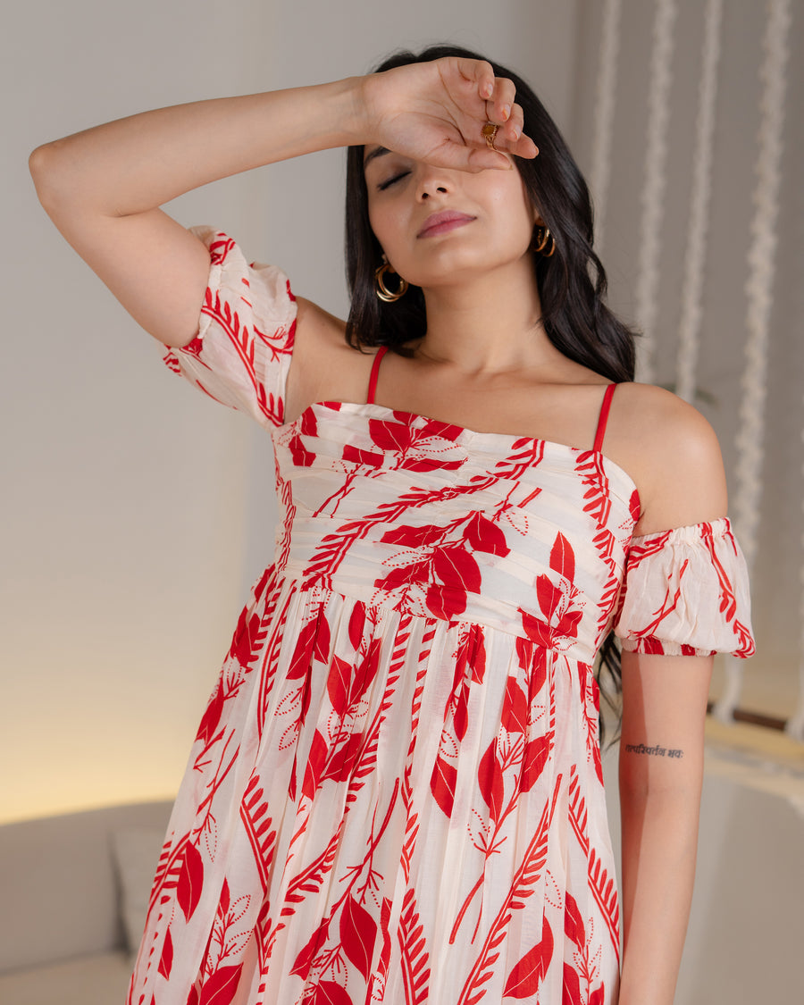 Scarlet Leaf Off-Shoulder Maxi Dress