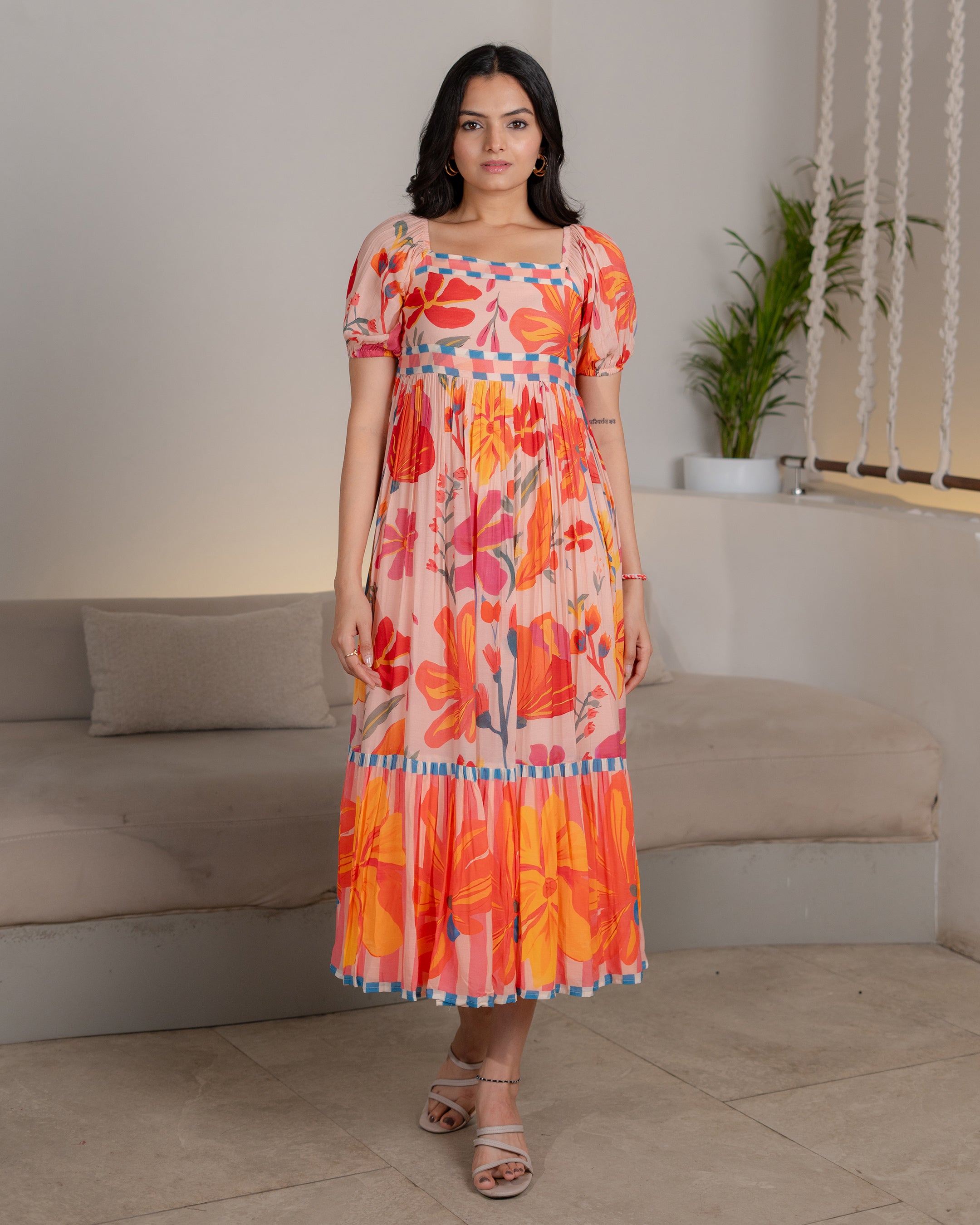 Elegant Orange Floral Maxi Dress