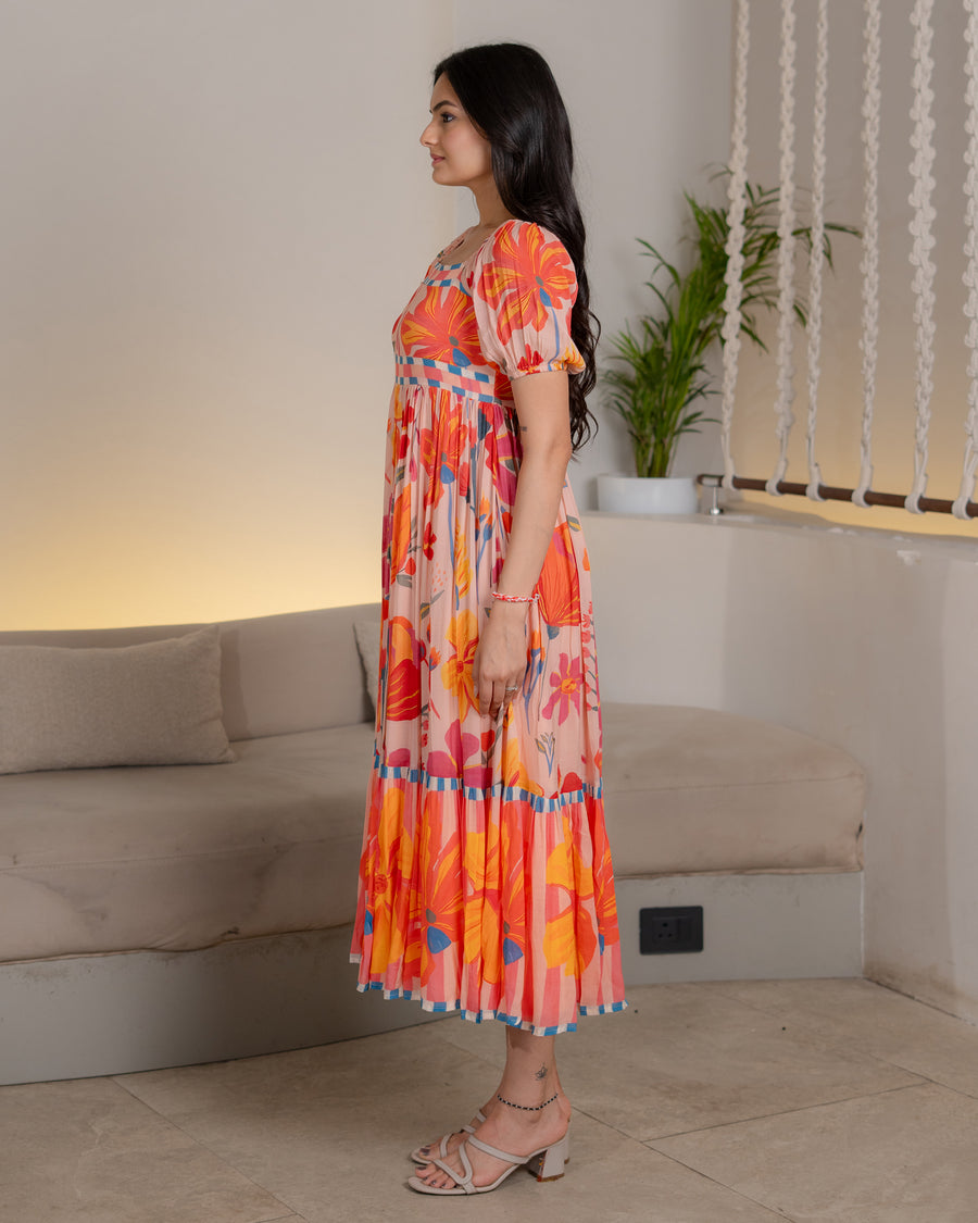 Elegant Orange Floral Maxi Dress