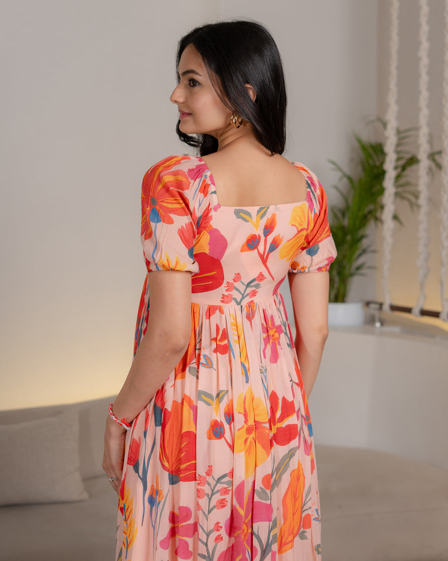 Elegant Orange Floral Maxi Dress