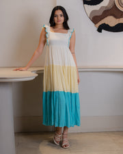 Tri-Color Ruffled Cotton Crush Maxi Dress