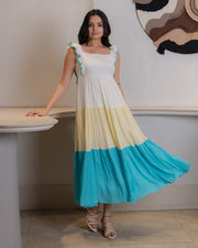 Tri-Color Ruffled Cotton Crush Maxi Dress