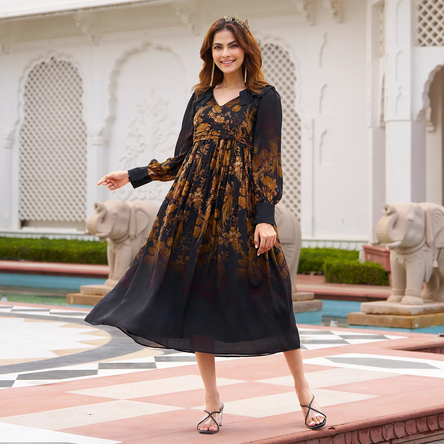 Stylish midi dress in motion, showing floral print and flowy silhouette