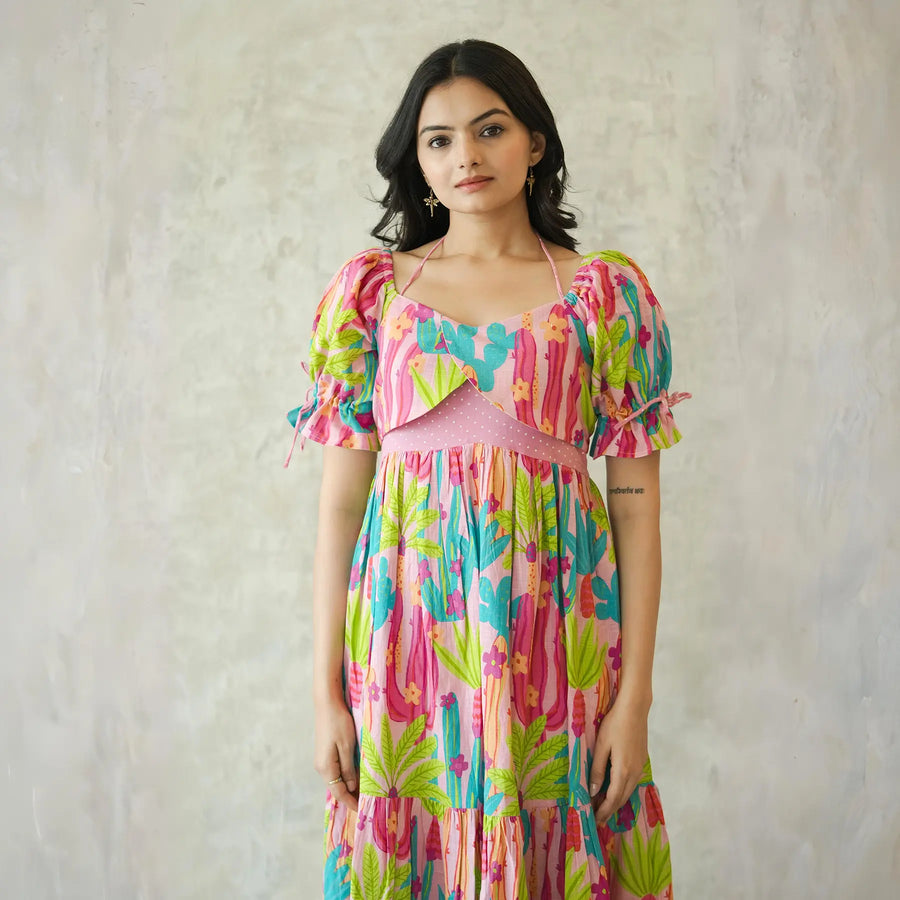 Close-up of neckline and sleeves – vibrant midi dress for women in nature-inspired cactus print.