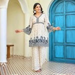 Angled walking pose showing the breezy women’s co ord set, great for vacation days and casual gatherings.