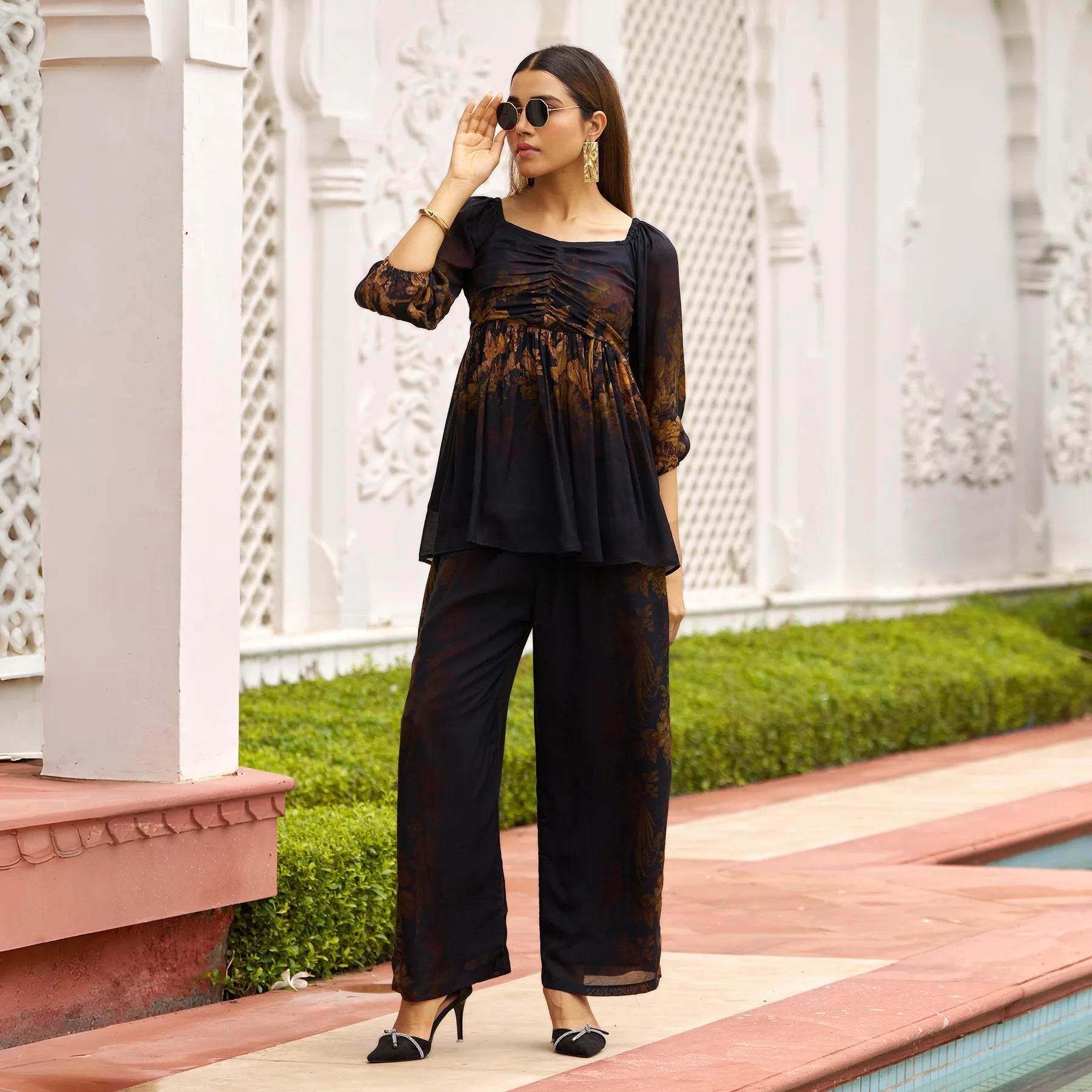 Stylish co ord set for women in autumn floral print, with square-neck top and relaxed fit pants — chic look ideal for summer co ord sets and evening gatherings.