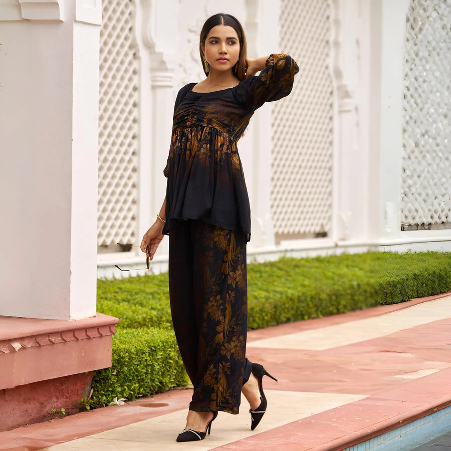 Model in walking pose showcasing printed co ord set for women, airy silhouette with modest co ord styling, great for travel, festive evenings, and coffee dates.