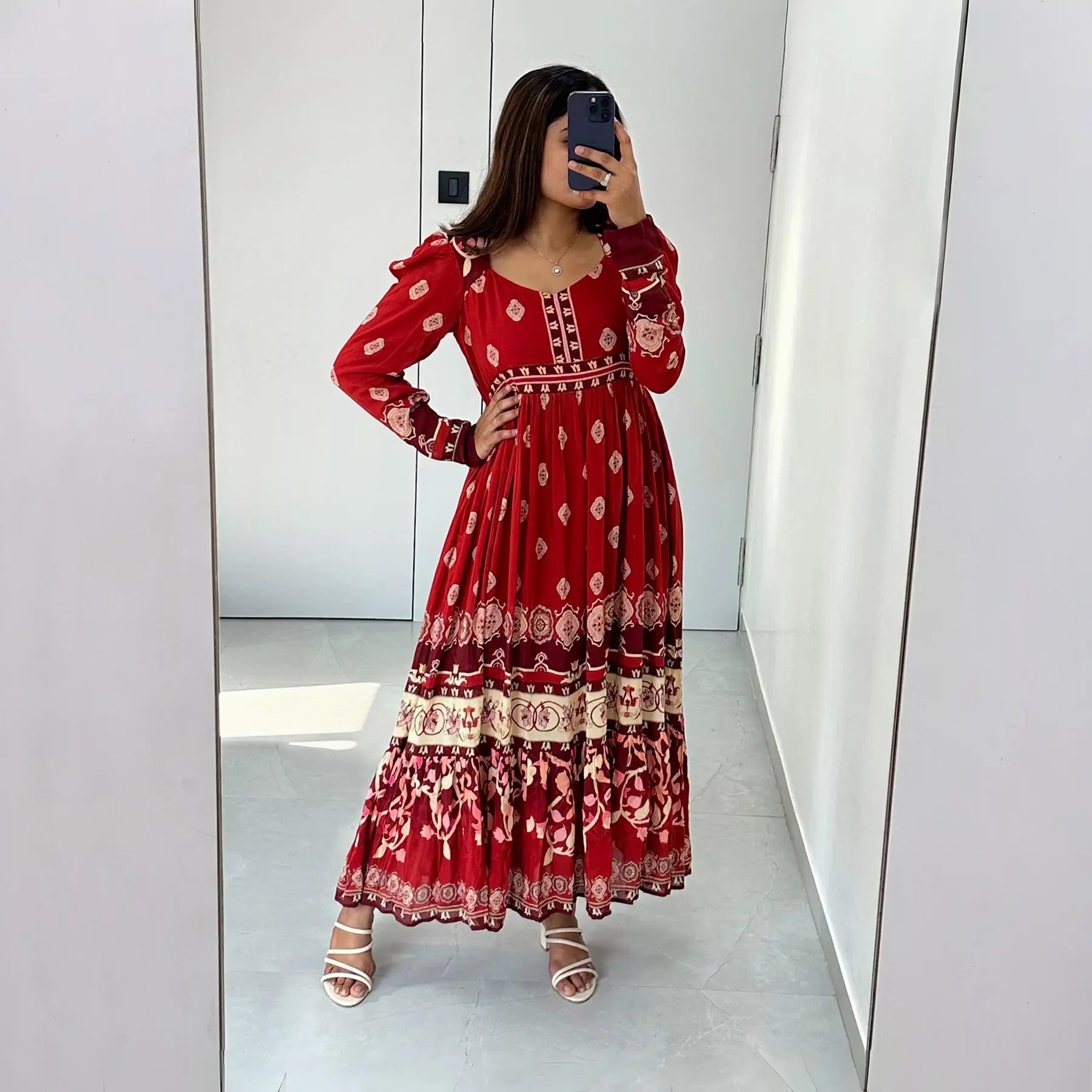 Front view mirror selfie of Ember Bloom viscose full sleeve maxi dress, a stylish choice for Diwali outfits