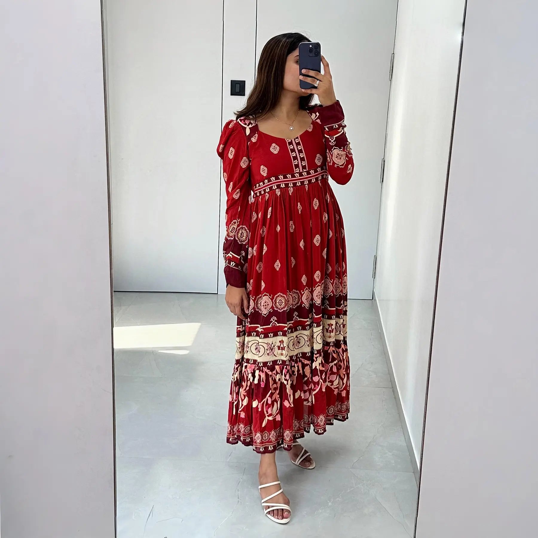 Mirror selfie showing the Ember Bloom viscose full sleeve one-piece maxi dress, perfect for festive or cultural wear