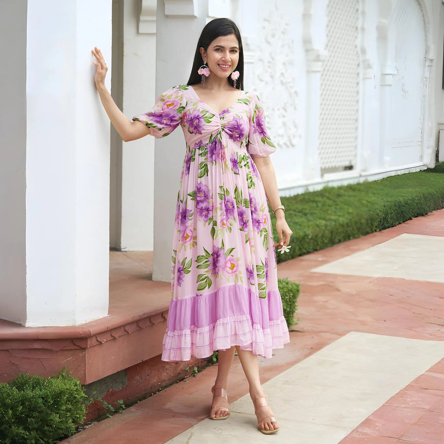 Front view of a midi dress for women – ideal for sunny outings, garden parties, and vacations.