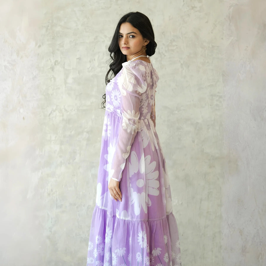 Lavender midi dress back view with floral print and puff sleeves