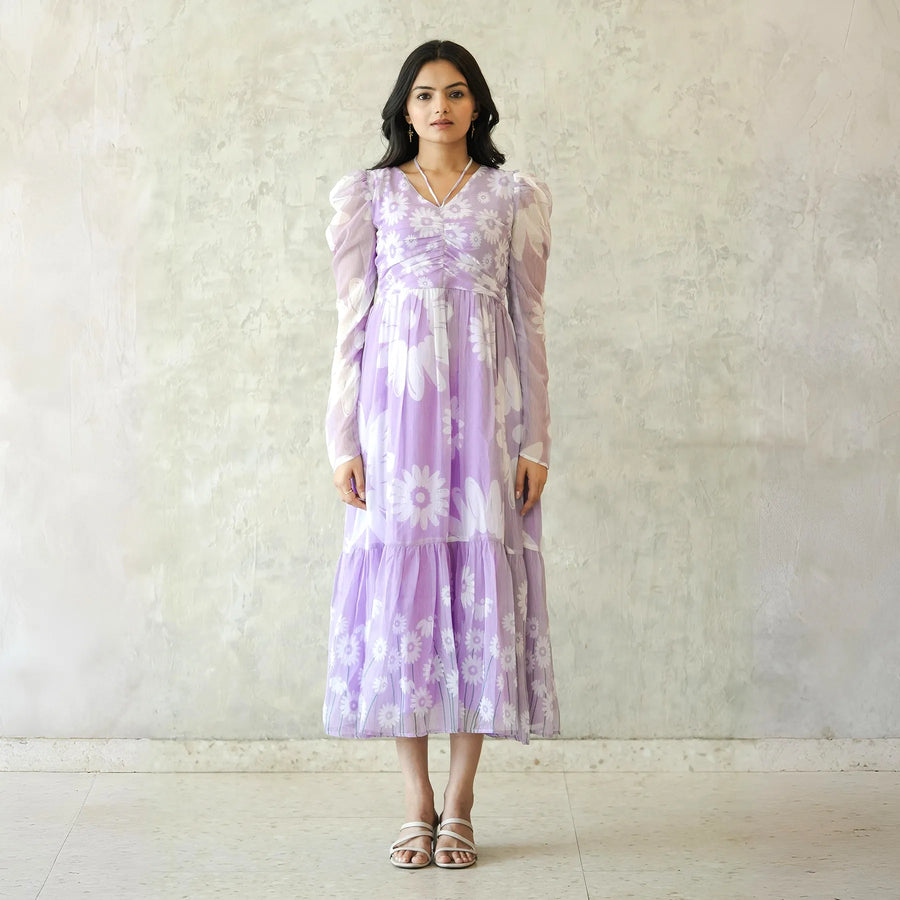 Front view of lavender floral midi dress for women with full sleeves
