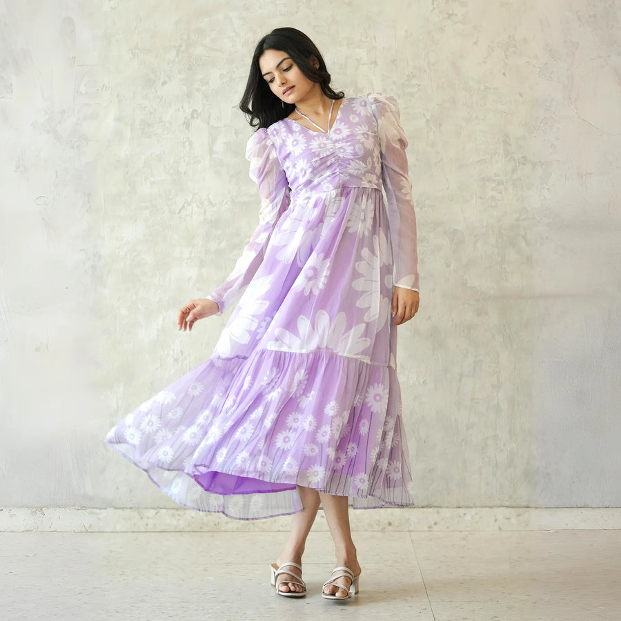 Model walking in lavender a-line floral midi dress