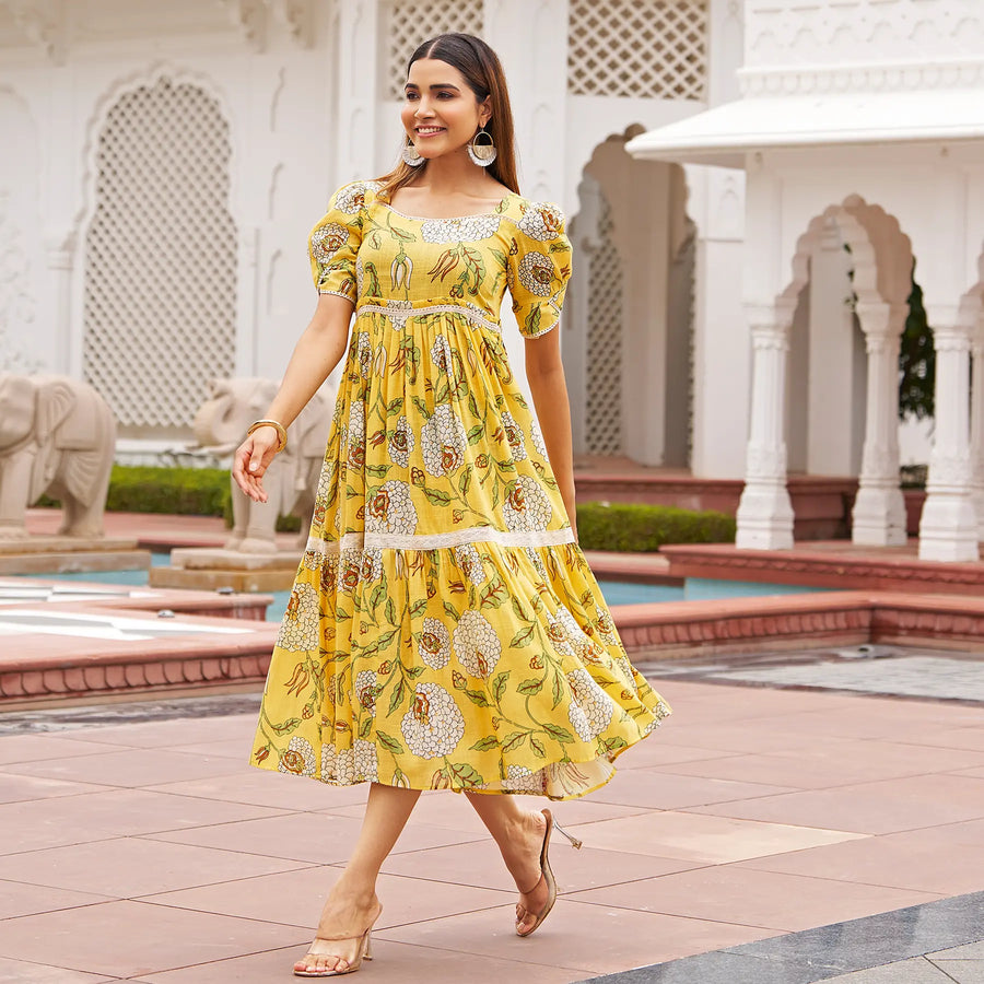 Walking pose of yellow summer midi dresses with floral print – ideal beach dress for women in sunny weather.