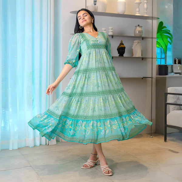 Aqua Grace – Floral A-Line Maxi Dress for Women