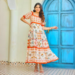 Model showing soft flare of this a line maxi dress, made for effortless summer style.