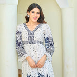 Close-up of the V-neck and 3/4 sleeves of a white maxi dress with intricate navy floral print, highlighting fabric texture and pattern.