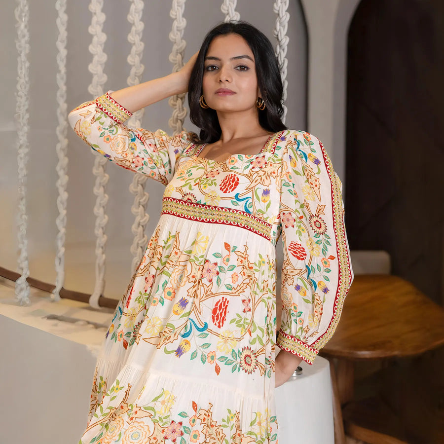 Close-up view showing neckline and sleeve detail of a long sleeve floral A-line maxi dress, styled for elegant evenings.