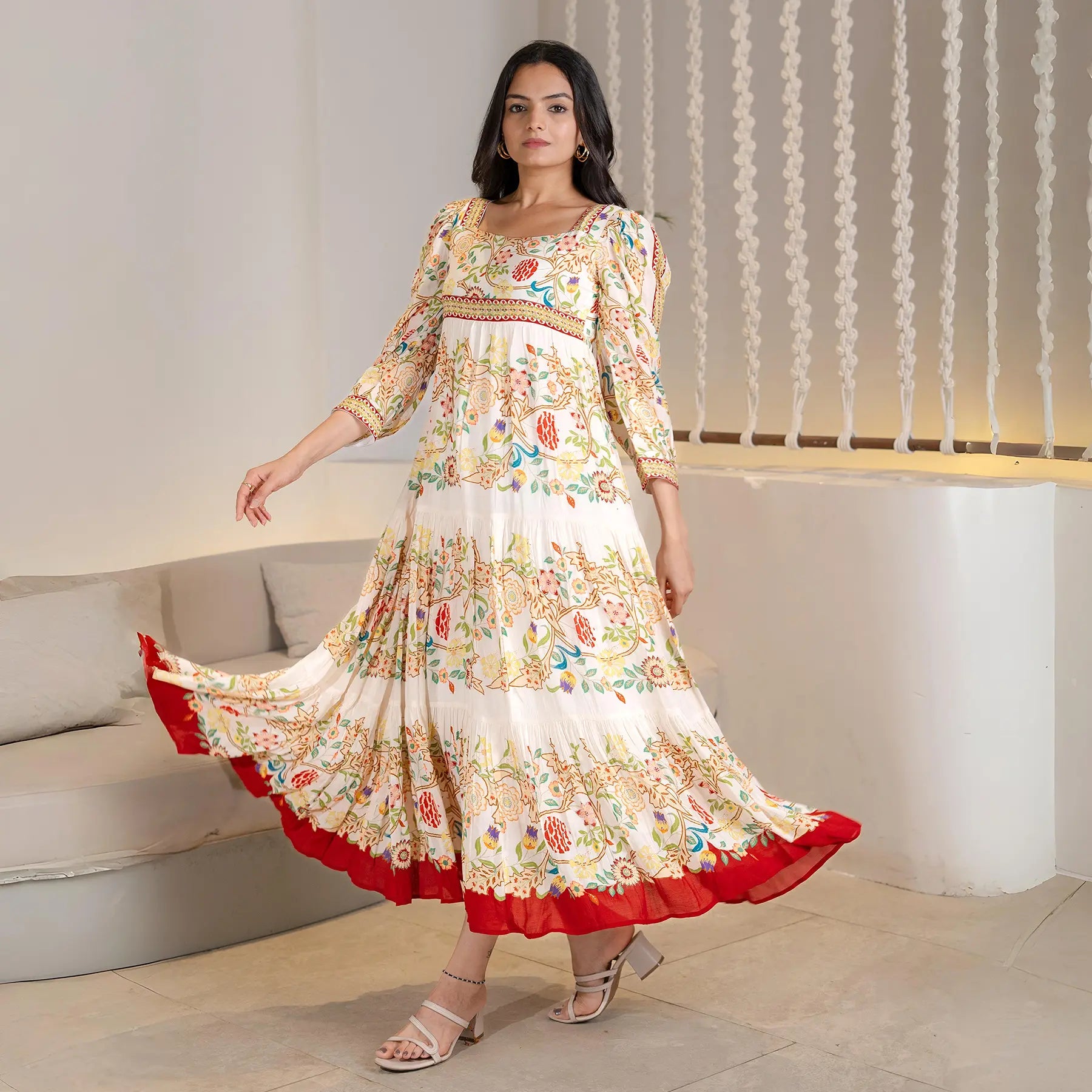 Twirl pose with the Royal Bloom A-line floral maxi dress, an elegant style ideal for birthdays and summer evenings.