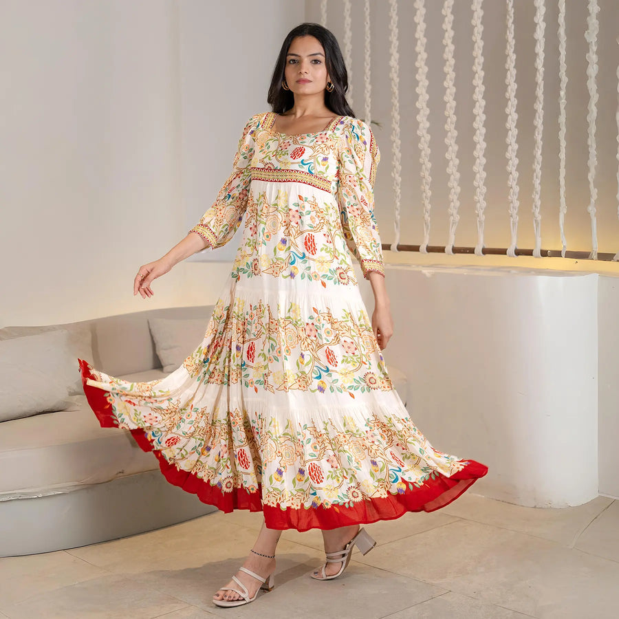 Twirl pose with the Royal Bloom A-line floral maxi dress, an elegant style ideal for birthdays and summer evenings.