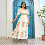 Front angle view of an elegant A-line maxi dress – perfect choice for casual family gatherings and sunny vacations.