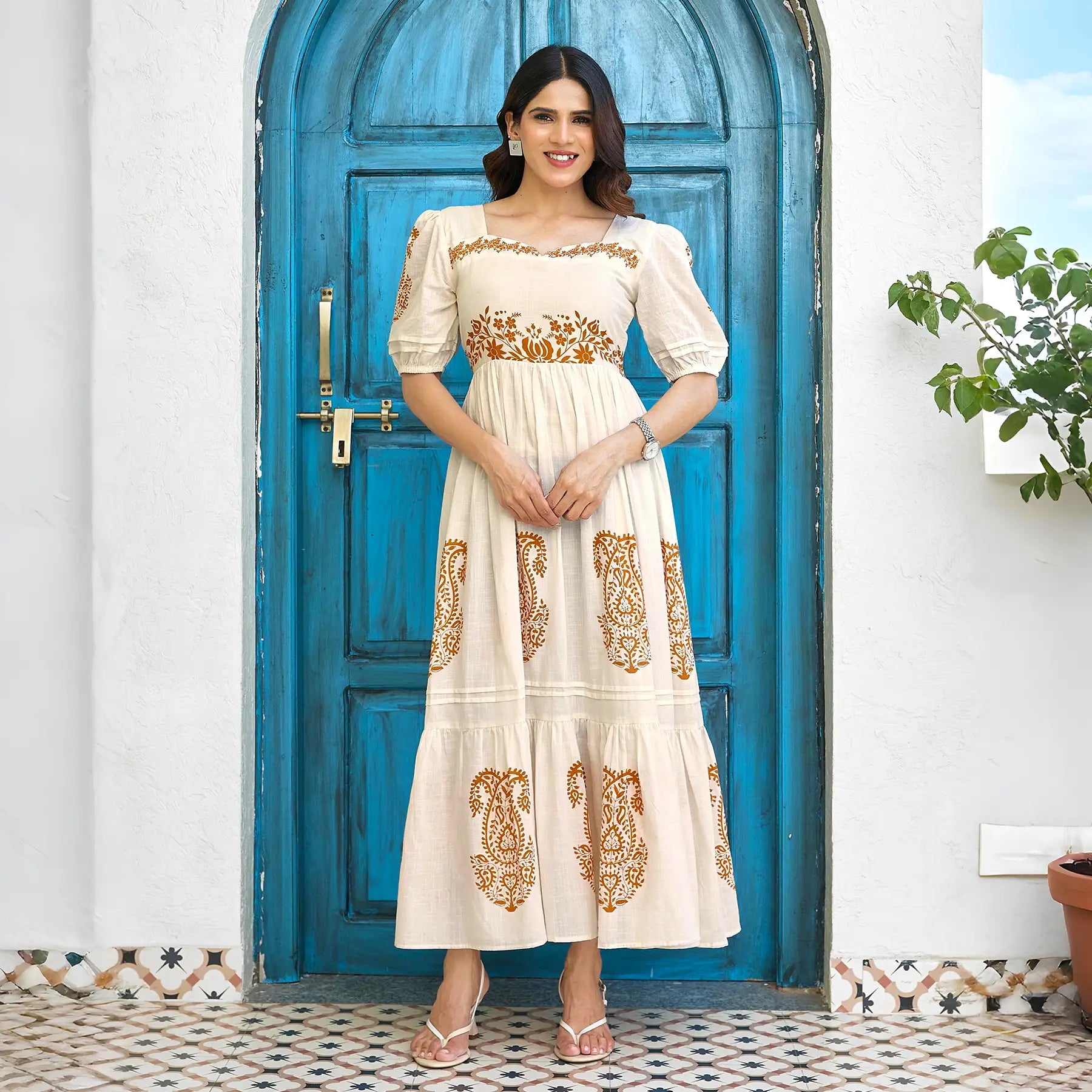 Front view of an A-line maxi dress for women with square neck and puff sleeves – perfect for weekend outings and summer occasions.