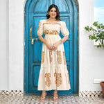Front view of an A-line maxi dress for women with square neck and puff sleeves – perfect for weekend outings and summer occasions.