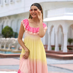 Close-up of ruffled neckline and vibrant shades on the ColorRush midi dress.