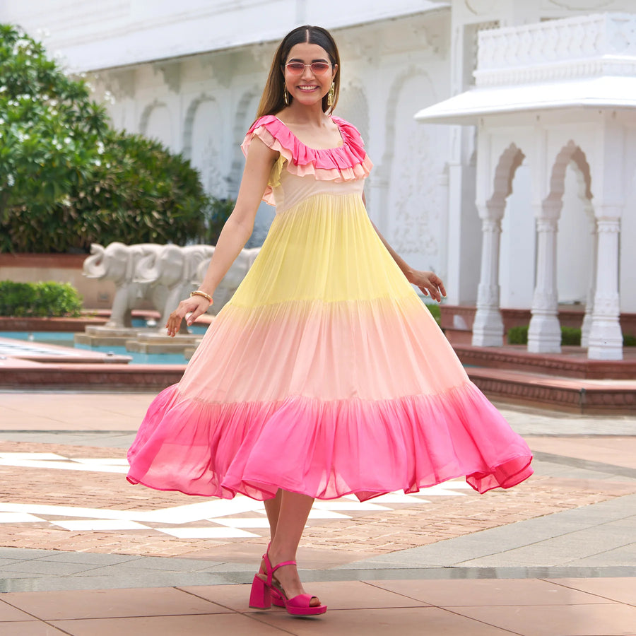Half twirl pose in a midi dress for women  — stylish vacation look.