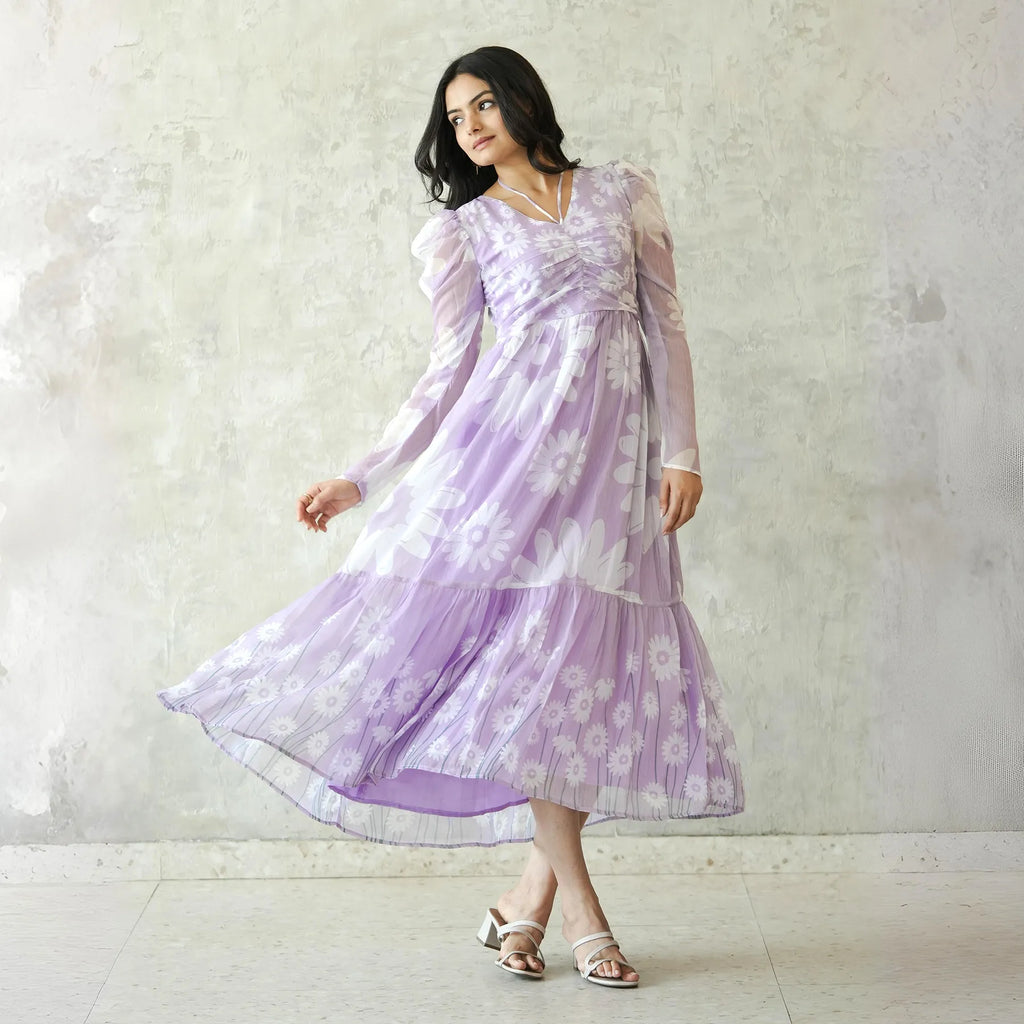 Daisy Dreams – Lavender Floral Midi Dress for Women