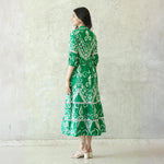 Back view of midi dress for women, showing flowing fabric and flattering cut.